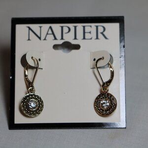 Napier Gold Dangle Earrings with Clear Stone New on card